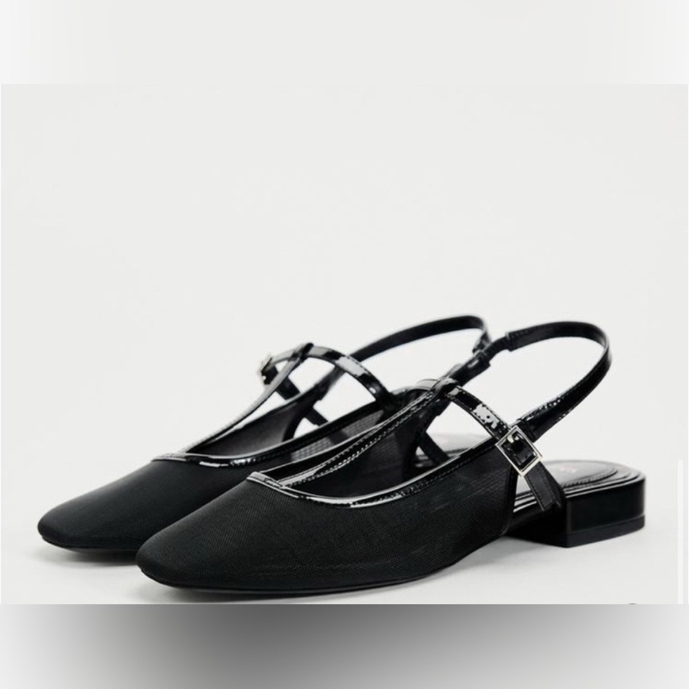 Zara Mary Jane Black Mesh and Patent Slingback Flats Blogger Favorite Size 8 - Picture 2 of 8